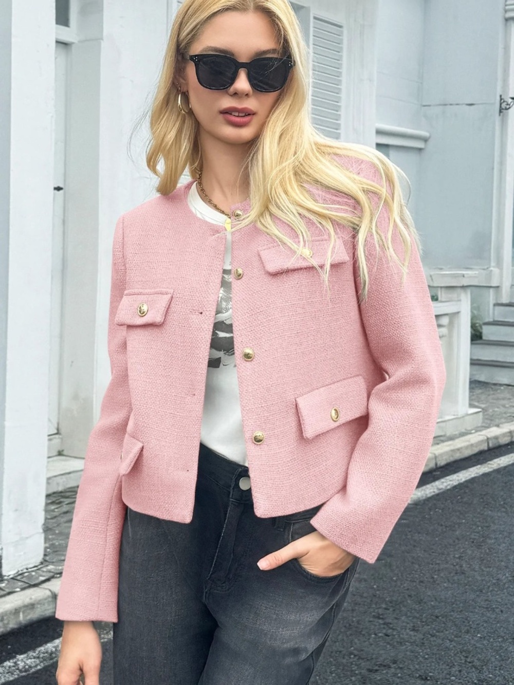 Cicy Bell - Womens Pink Cropped Tweed Blazer Jackets (M)